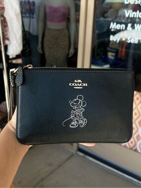 Coach Disney Minnie Mouse Wristlet-Black Pebbled Leather- Corner Zip